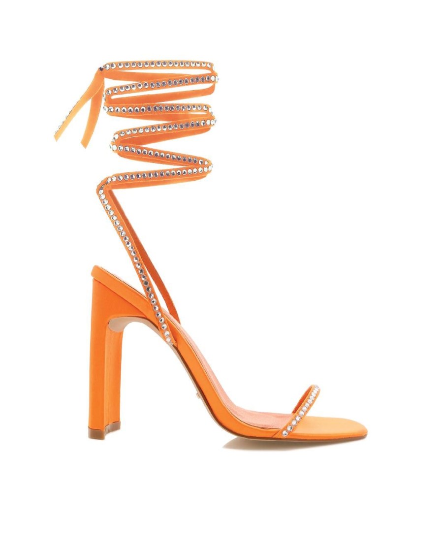 Women Billini Block Heels | Haleigh Tangerine Satin Diamante